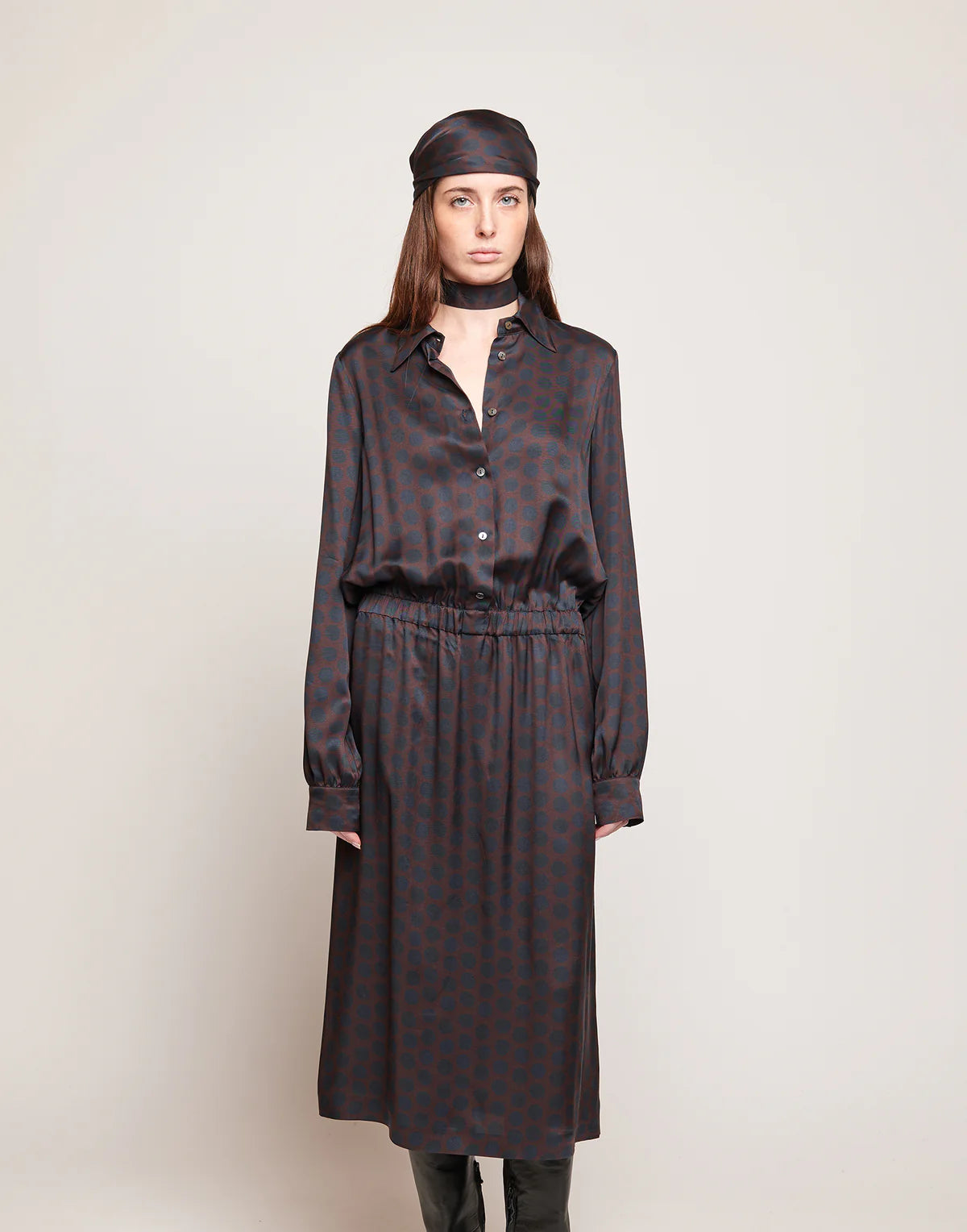 ABITO CAMICIA IN TWILL STAMPATO A POIS MOKA/OLTREMARE