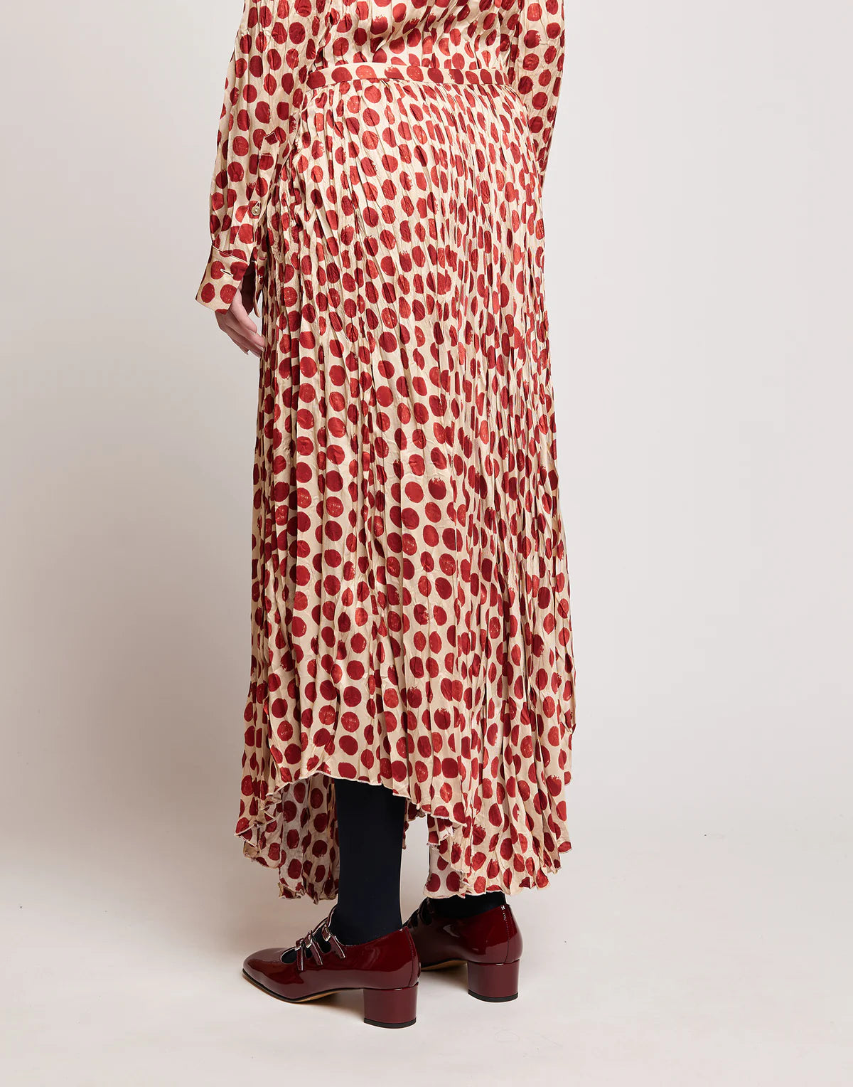 GONNA LUNGA PLISSÉ IN TWILL STAMPATO A POIS VANIGLIA/CHERRY