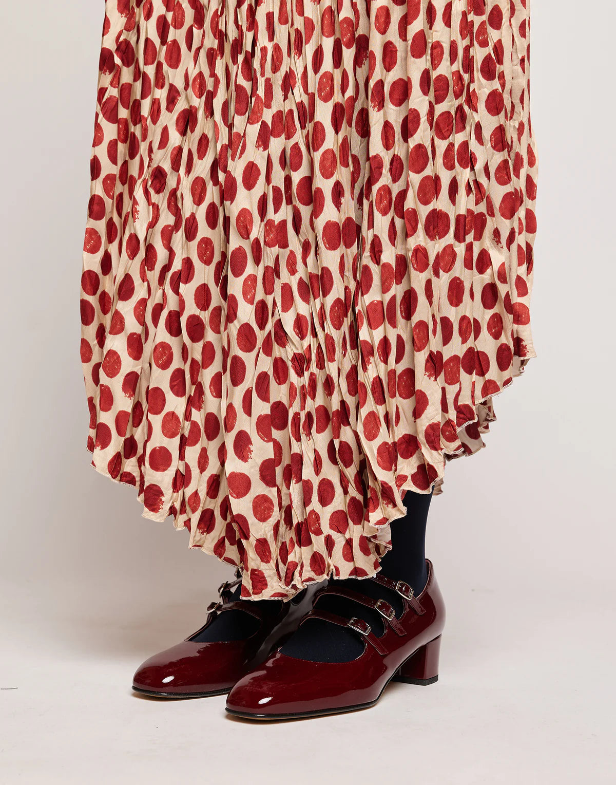 GONNA LUNGA PLISSÉ IN TWILL STAMPATO A POIS VANIGLIA/CHERRY