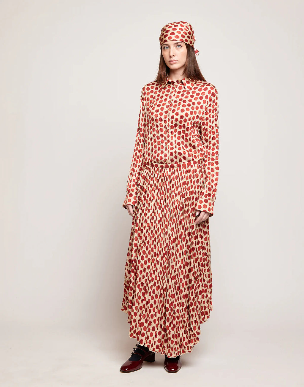 GONNA LUNGA PLISSÉ IN TWILL STAMPATO A POIS VANIGLIA/CHERRY