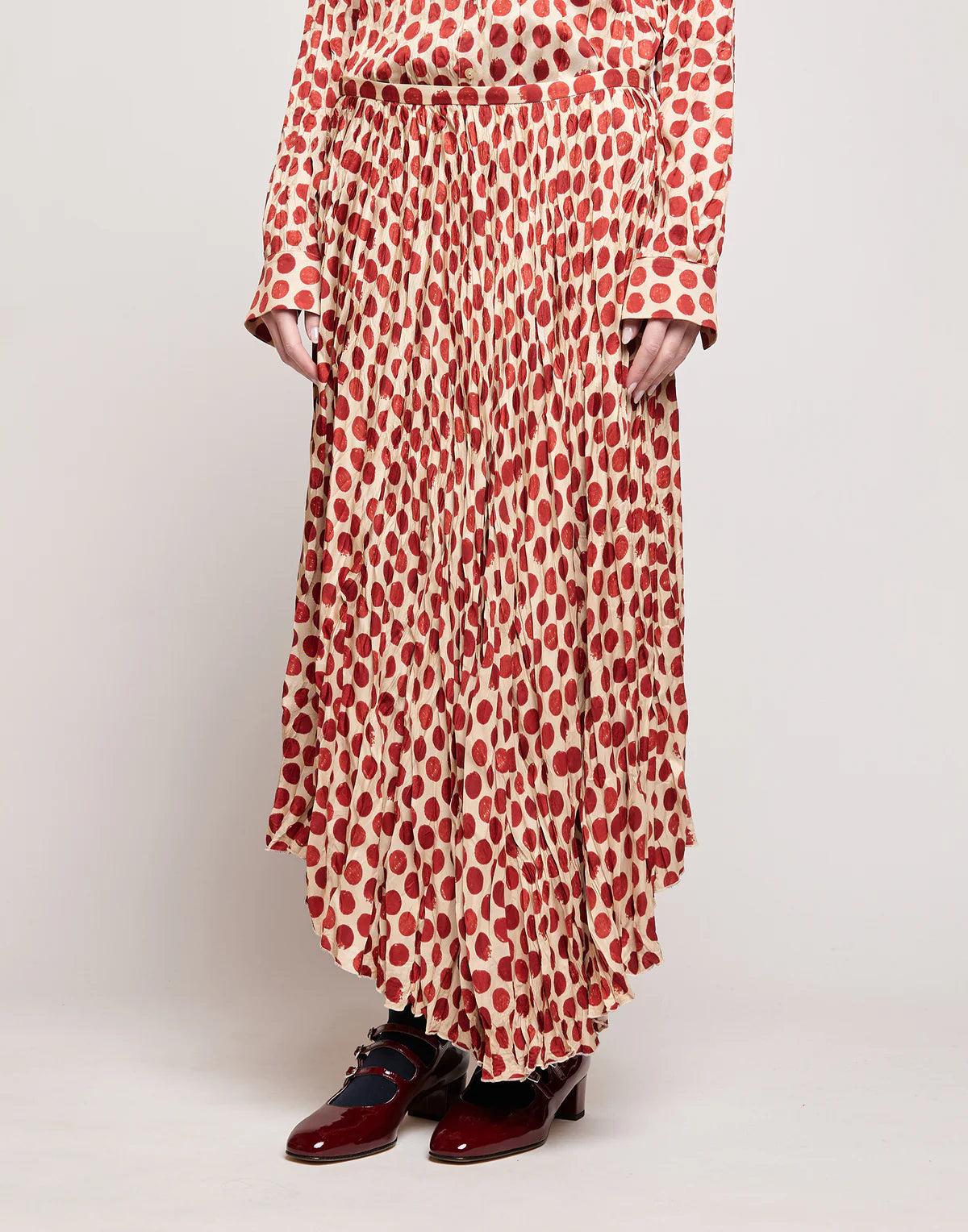 GONNA LUNGA PLISSÉ IN TWILL STAMPATO A POIS VANIGLIA/CHERRY
