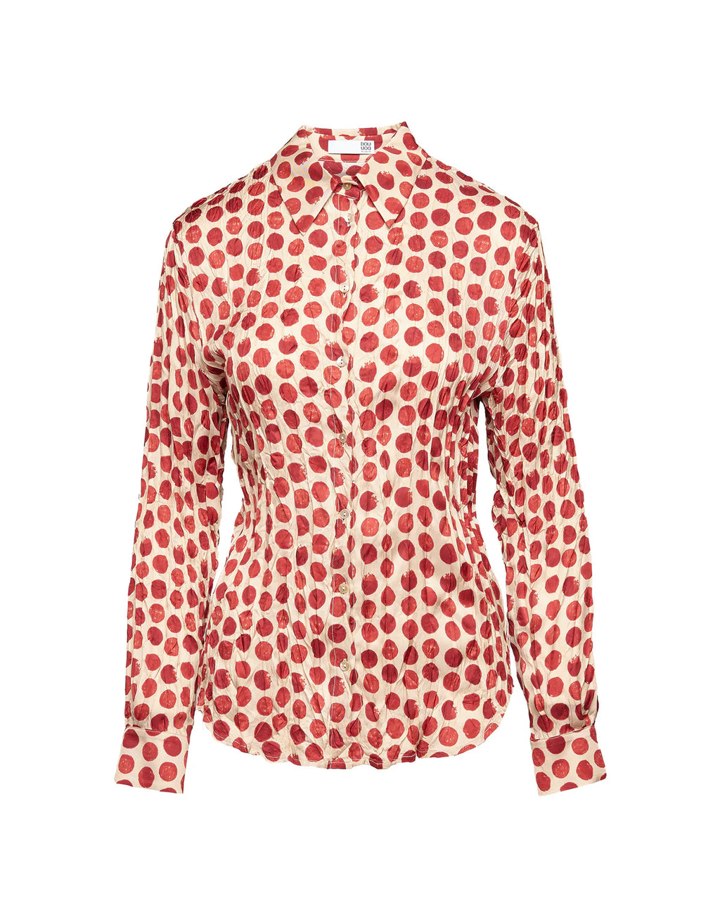 CAMICIA STAMPATA A POIS IN TWILL PLISSÉ VANIGLIA/CHERRY Douuod mod. Merope
