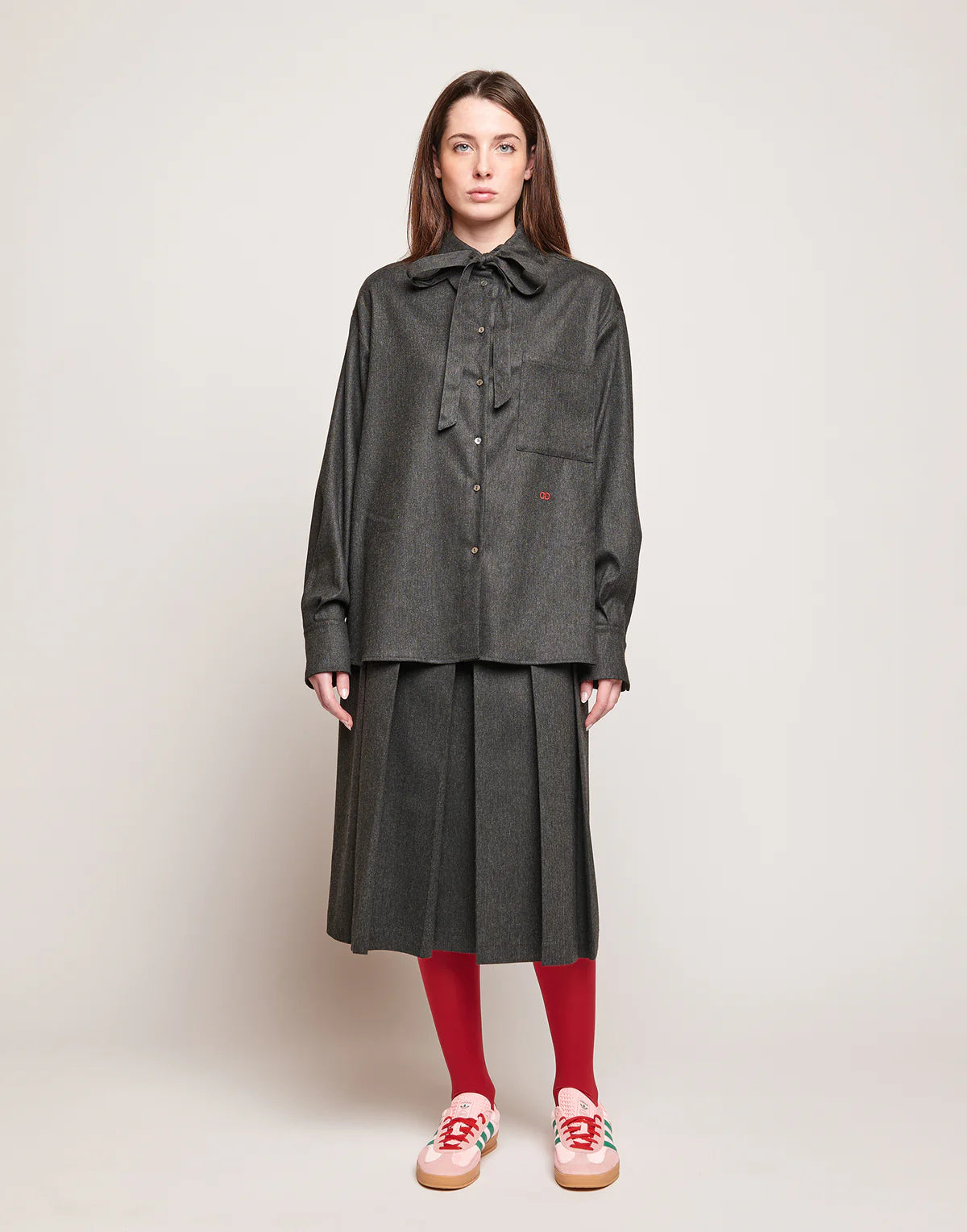 CAMICIA IN FLANELLA STRETCH CON NASTRO AL COLLO GRIGIO ANTRACITE Douuod mod.Saffrina